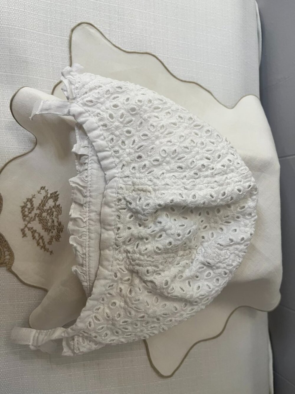 Vintage White Eyelet Baby Bonnet Ruffle Trim Heirloom Cottage-core Easter Spring